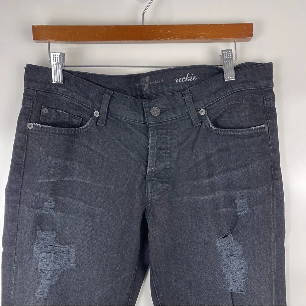 7 For All Mankind Rickie Distressed Cuffed Boyfriend Jeans Black Women's Size 28